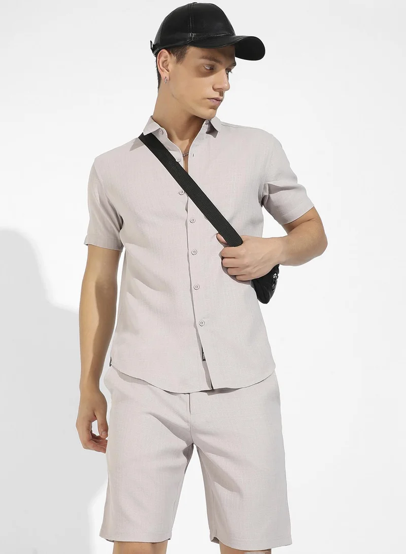 Campus Sutra Men's Beige Basic Textured Co-Ord Set For Casual Wear | Spread Collar | Short Sleeve | Button Closure | Cotton Co-Ords Crafted With Comfort Fit For Everyday Wear